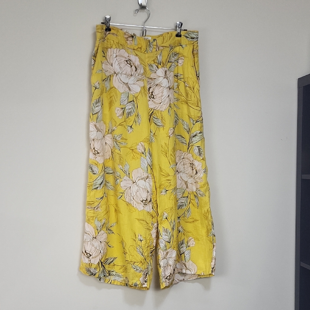 NICOLE MILLER Yellow Linen Tropical Floral Pocket Wide Leg Crop Pull-On Pant - Picture 1 of 12